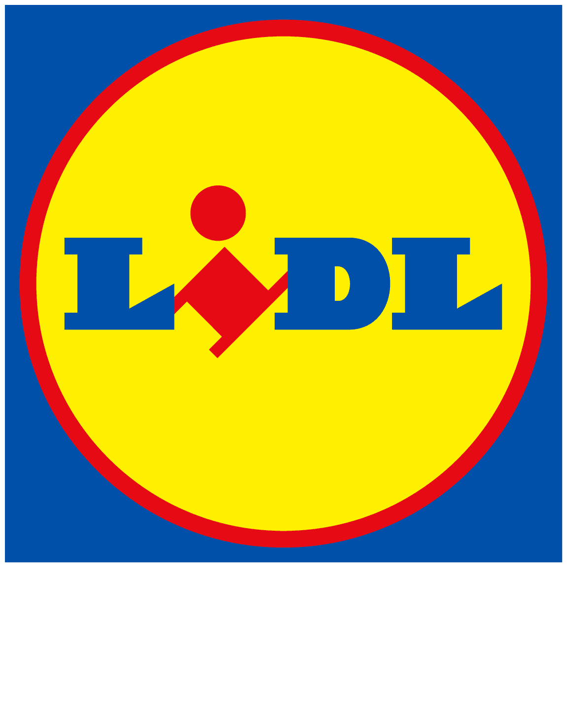 Logotyp för Lidl med texten "LIDL" i blå bokstäver på en gul cirkel med röd kant, omgiven av en blå bakgrund.