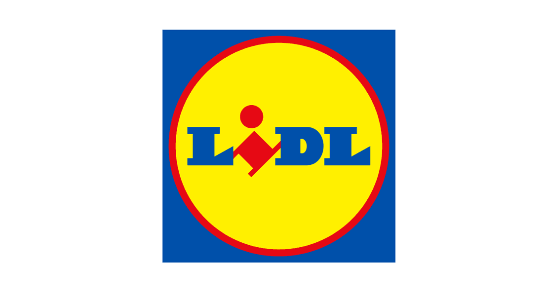 Lidls logotyp med en gul cirkel omringad av en röd kant, placerad på en blå bakgrund. Texten "LIDL" står i blå bokstäver, där bokstaven "I" har en röd diamantform och en cirkel ovanpå.