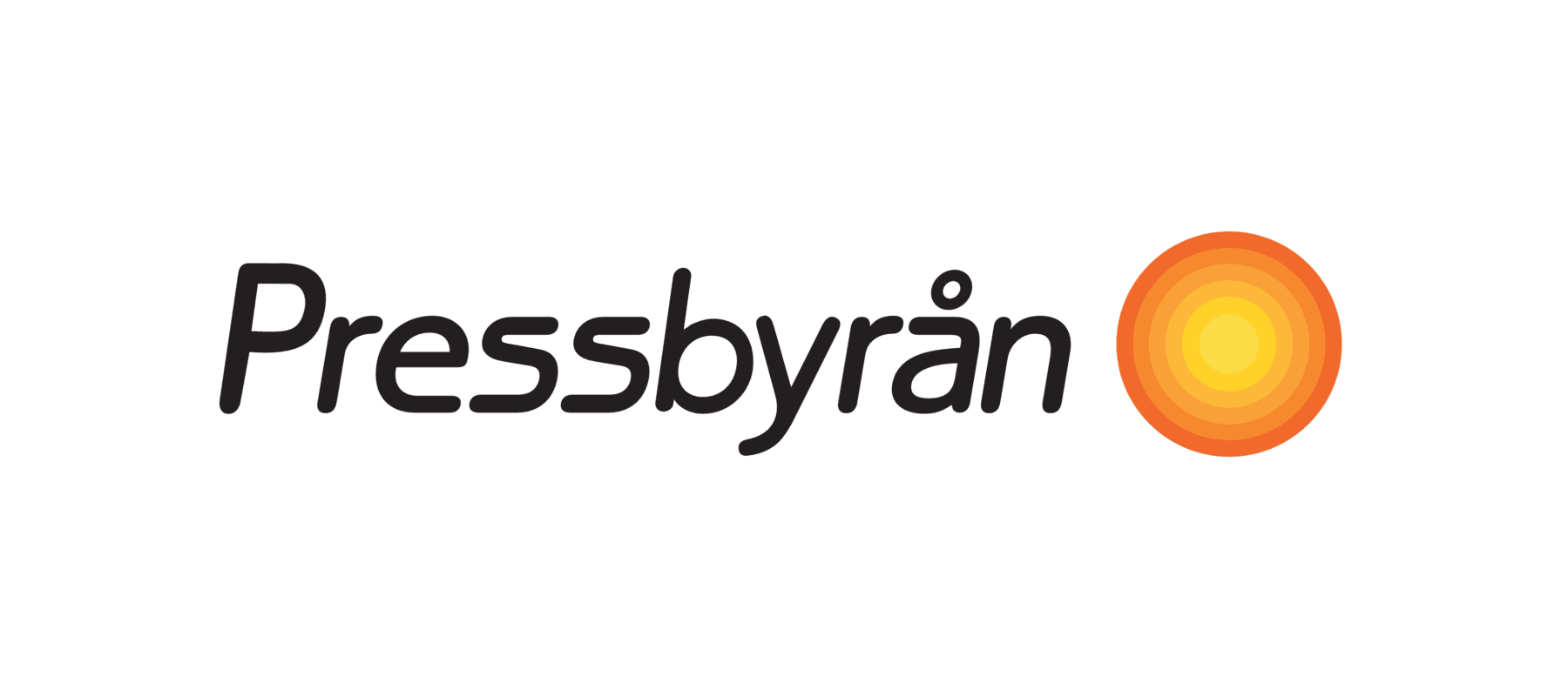 Logotyp för Pressbyrån med svart, kursiv text och en cirkel i orange och gula nyanser till höger.