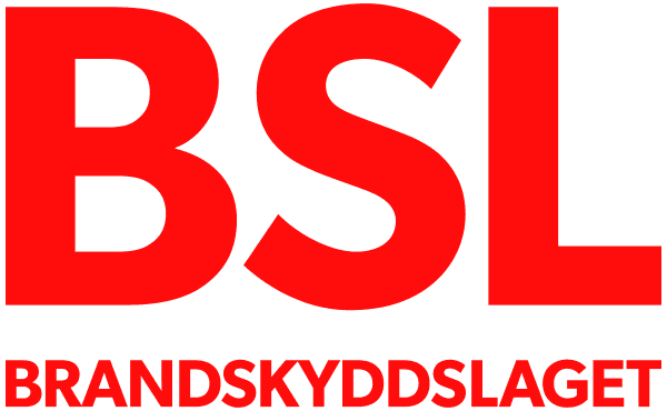 BSL i stora röda bokstäver, med texten "BRANDSKYDDSLAGET" i mindre röda bokstäver under.