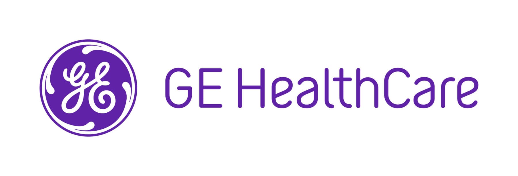Lila text och logotyp med texten "GE HealthCare". Logotypen består av bokstäverna "GE" i en cirkel med dekorativa linjer.