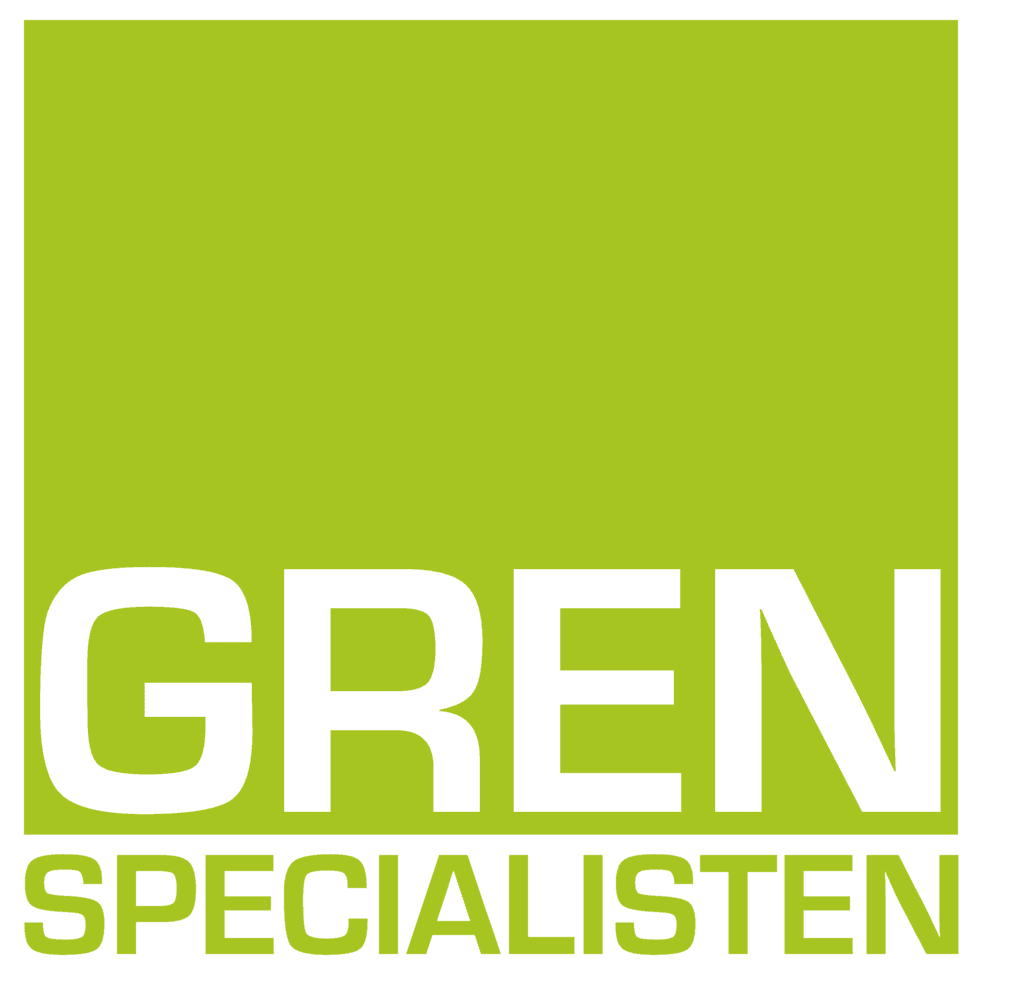 Grön logotyp med texten "GREN SPECIALISTEN" i vit och svart.
