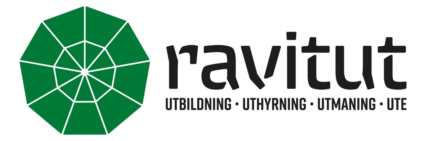 Grön geometrisk symbol till vänster och texten "ravitut" i svart bredvid, följt av texten "UTBILDNING · UTHYRNING · UTMANING · UTE" i mindre bokstäver under.