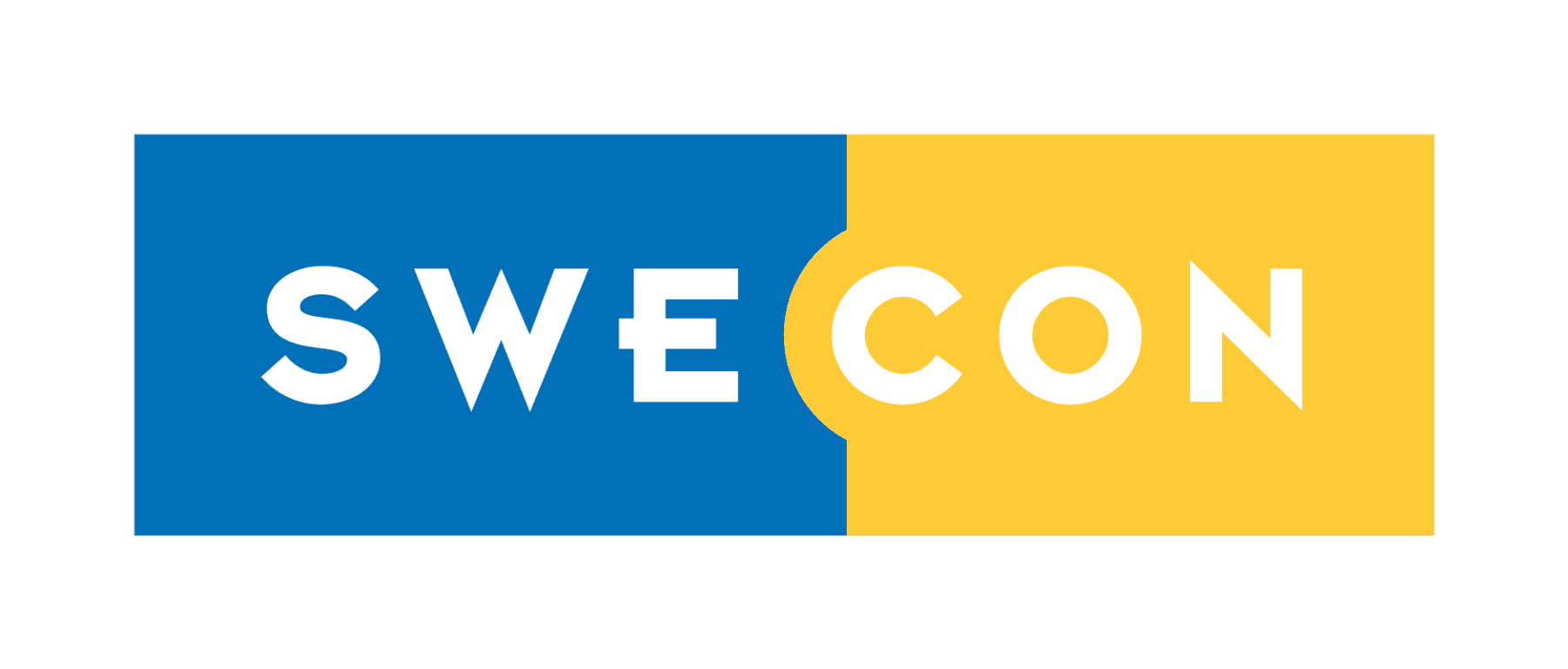 Logotyp med texten "SWECON". Bakgrunden är delad i blått till vänster och gult till höger, där texten "SWE" är placerad på blått och "CON" på gult.