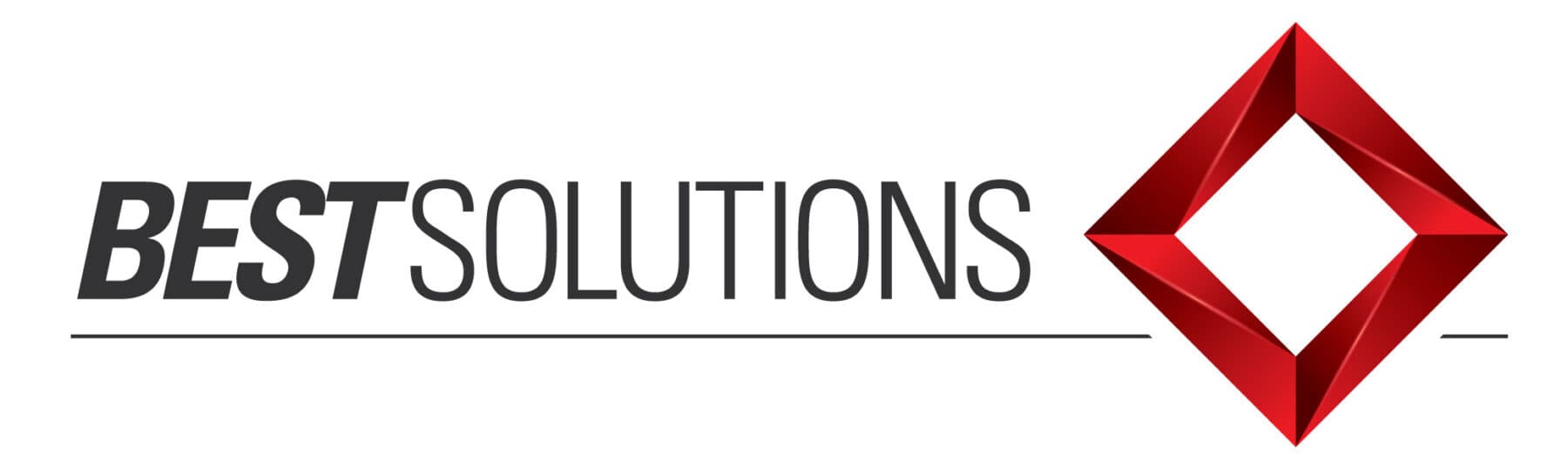 Texten "BEST SOLUTIONS" står i svart med ett rött diamantformat geometriskt objekt till höger. En tunn svart linje löper under texten.
