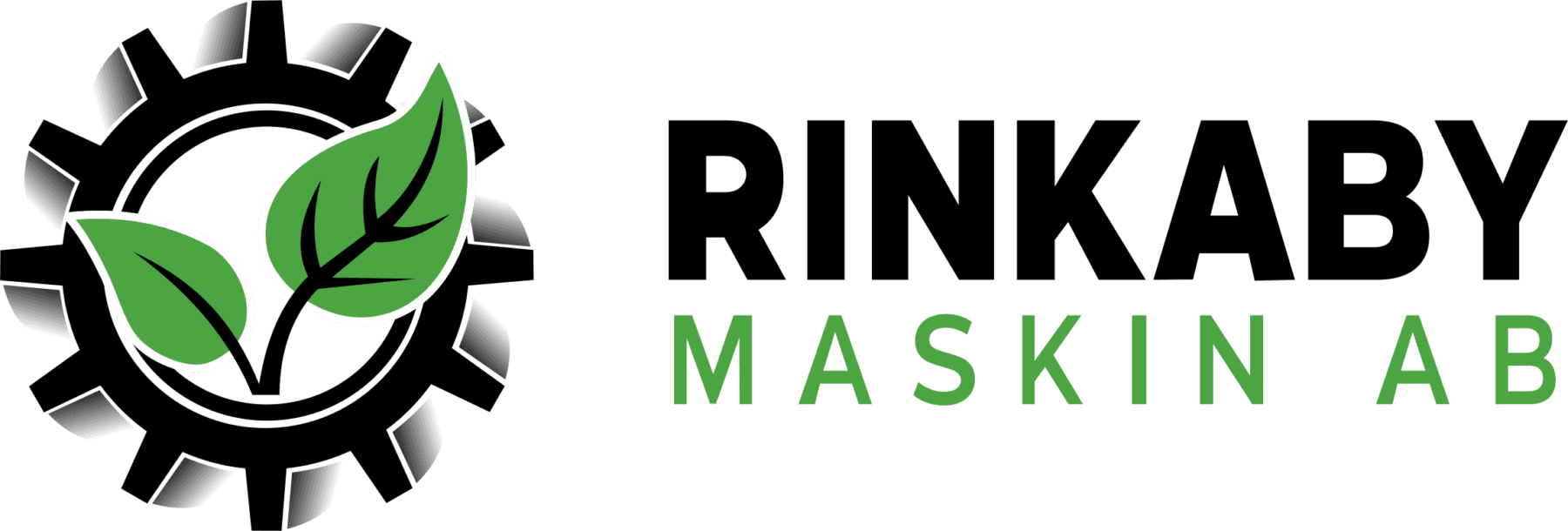 Två gröna blad med svarta ådror bredvid texten "Maskin AB" i gröna bokstäver.