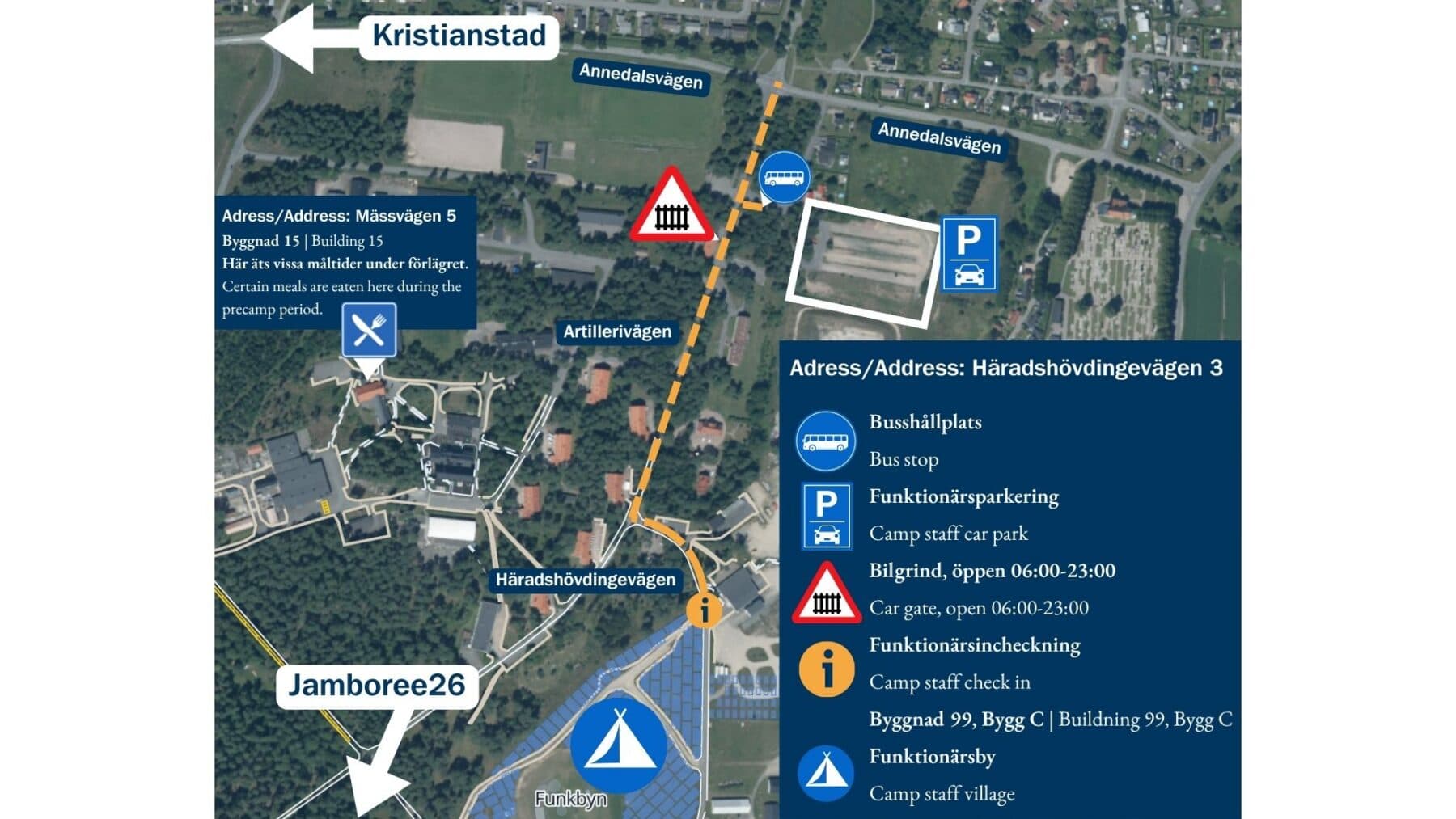 Karta över området med adresser och markeringar: "Mässvägen 5, Byggnad 15" för måltider under förlägret och "Häradshövdingevägen 3" med busshållplats, funktionärsparkering, bilgrind öppen 06:00–23:00, funktionärsincheckning samt funktionärsby. Texten är både på svenska och engelska.